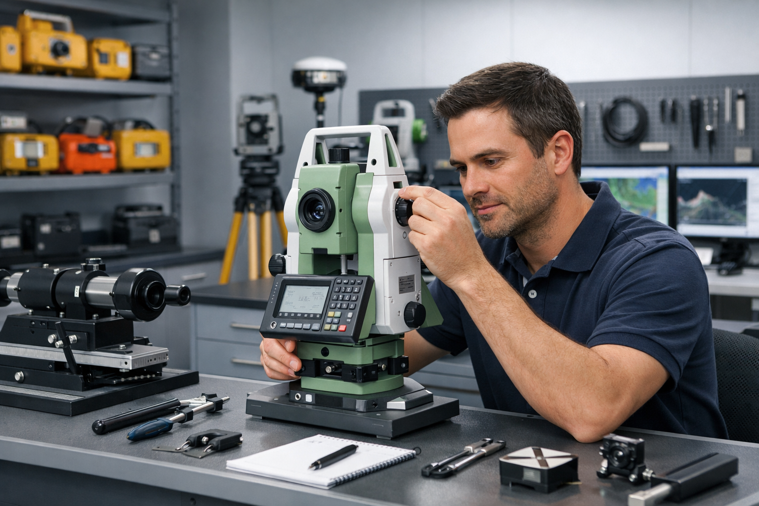 Técnico especializado trabalhando com equipamento topográfico em laboratório