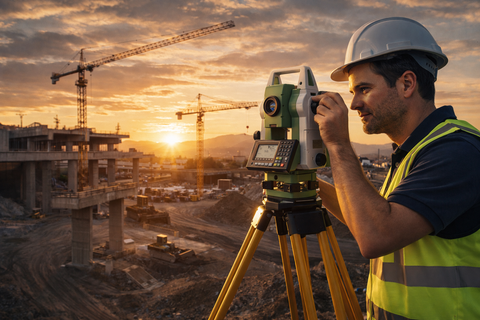 Profissional operando estação total em uma obra